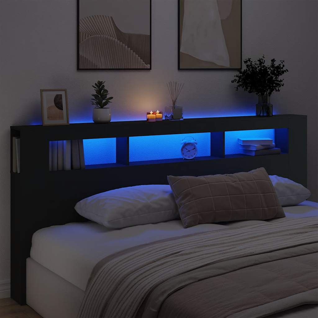 sengegavl med LED-lys 220x18,5x103,5 cm konstrueret træ sort