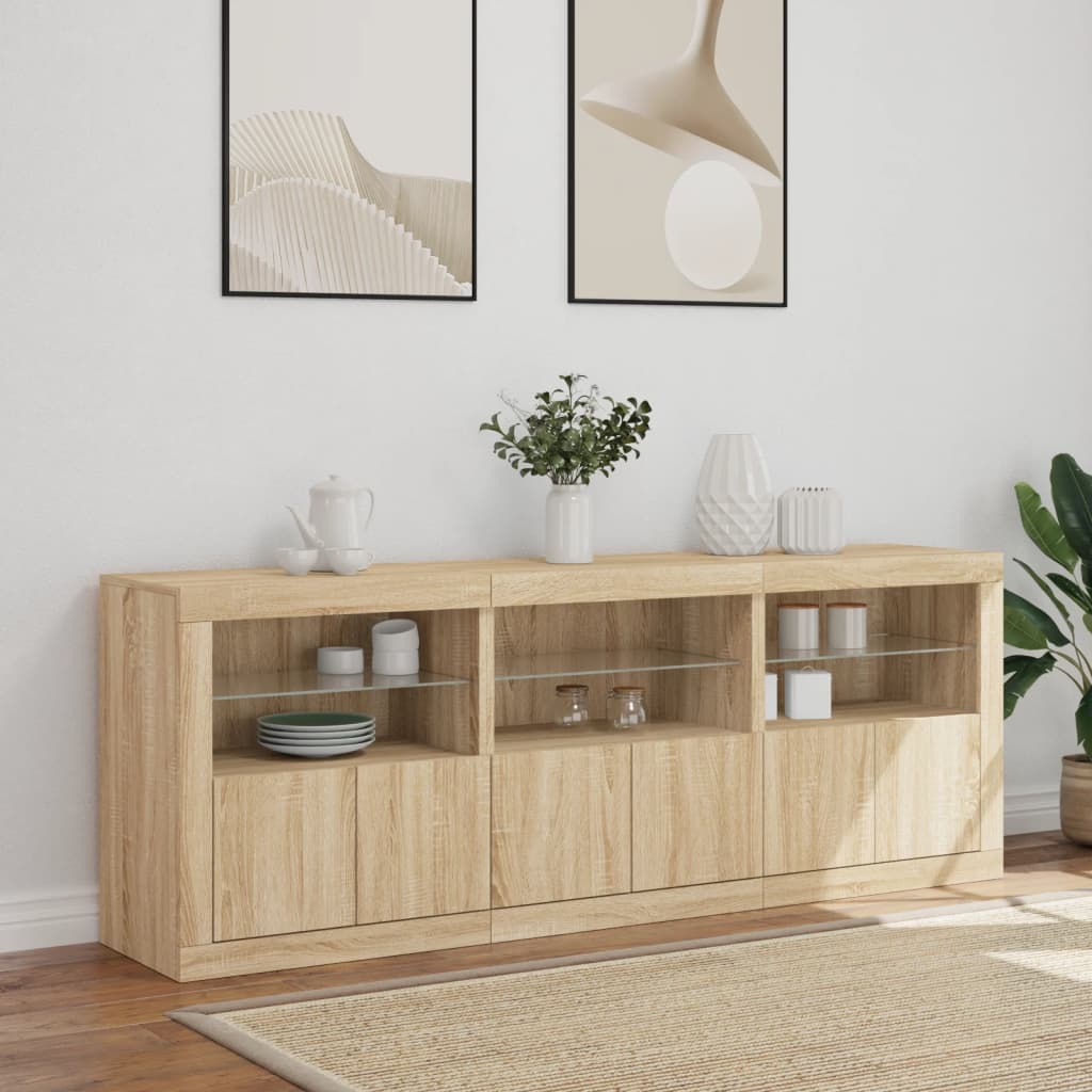 skænk med LED-lys 181,5x37x67 cm sonoma-eg