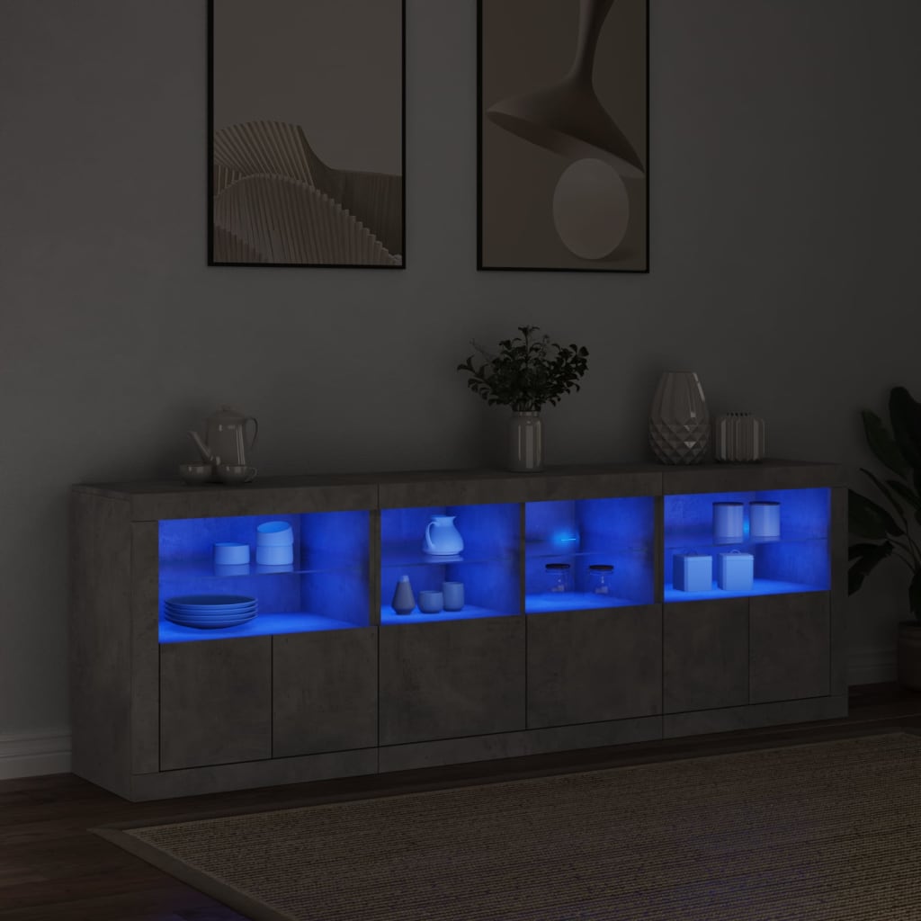 skænk med LED-lys 202x37x67 cm betongrå