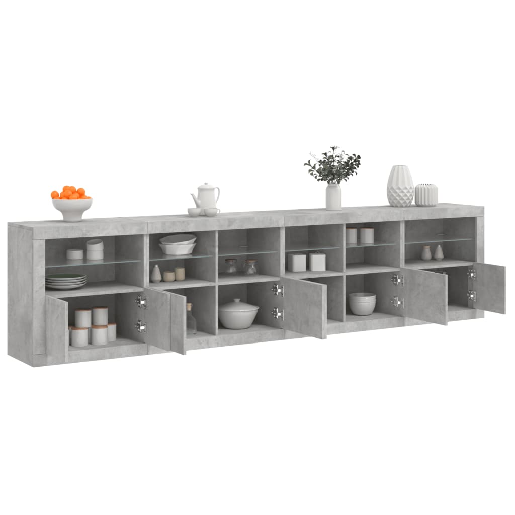 skænk med LED-lys 283x37x67 cm betongrå
