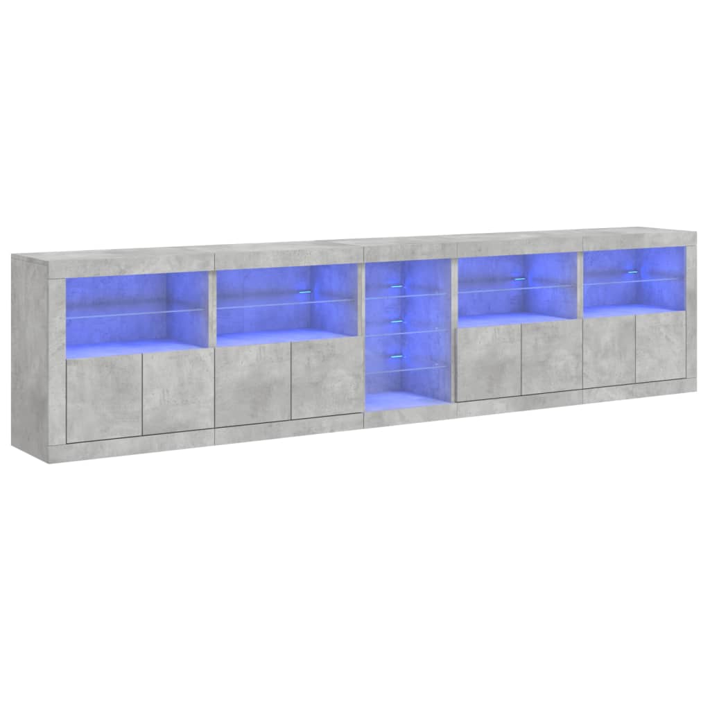 skænk med LED-lys 283x37x67 cm betongrå