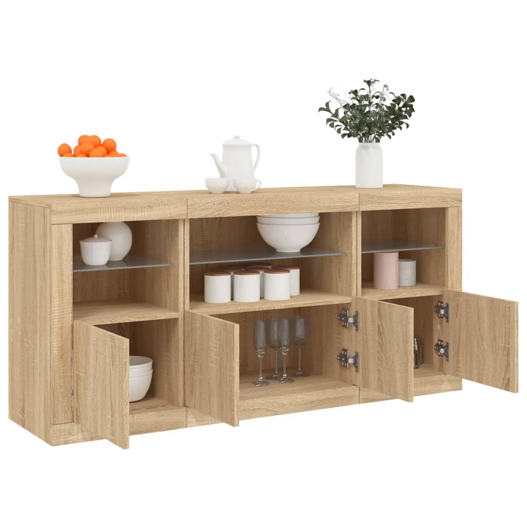 skænk med LED-lys 142,5x37x67 cm sonoma-eg
