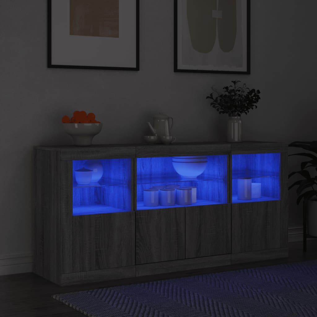 skænk med LED-lys 142,5x37x67 cm grå sonoma-eg