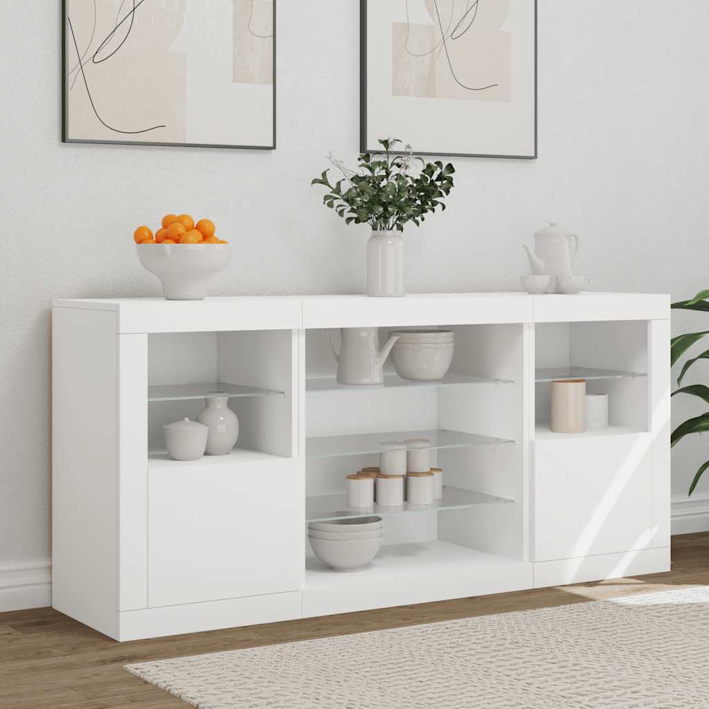 skænk med LED-lys 142,5x37x67 cm hvid