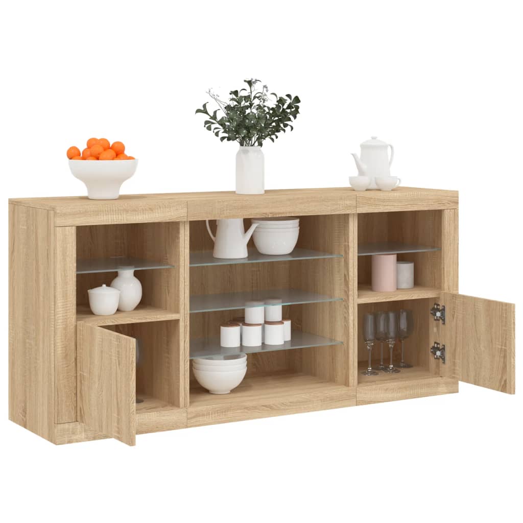 skænk med LED-lys 142,5x37x67 cm sonoma-eg