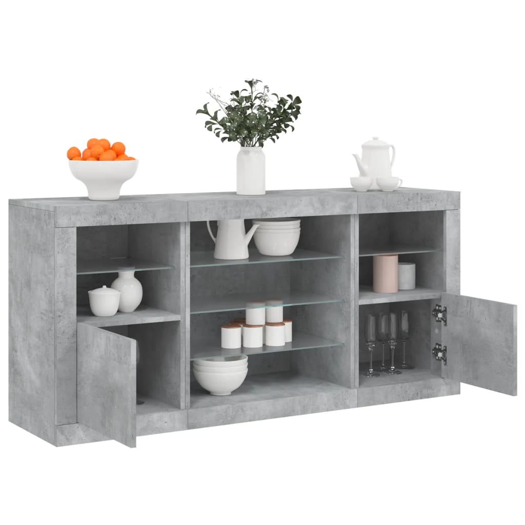 skænk med LED-lys 142,5x37x67 cm betongrå