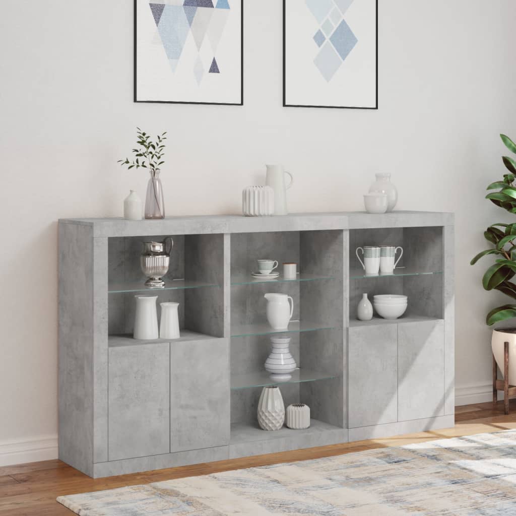 skænk med LED-lys 181,5x37x100 cm betongrå