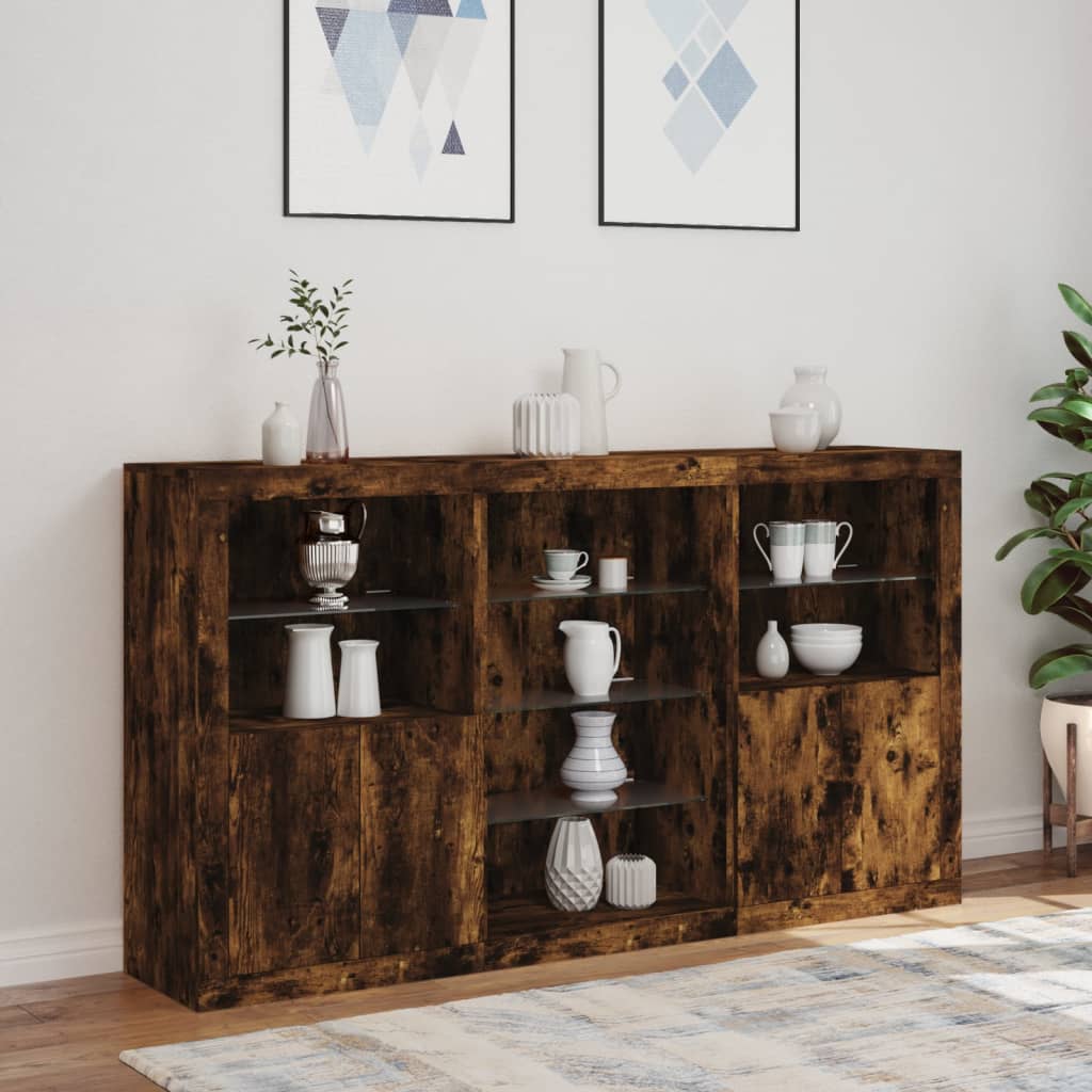 skænk med LED-lys 181,5x37x100 cm røget egetræsfarve