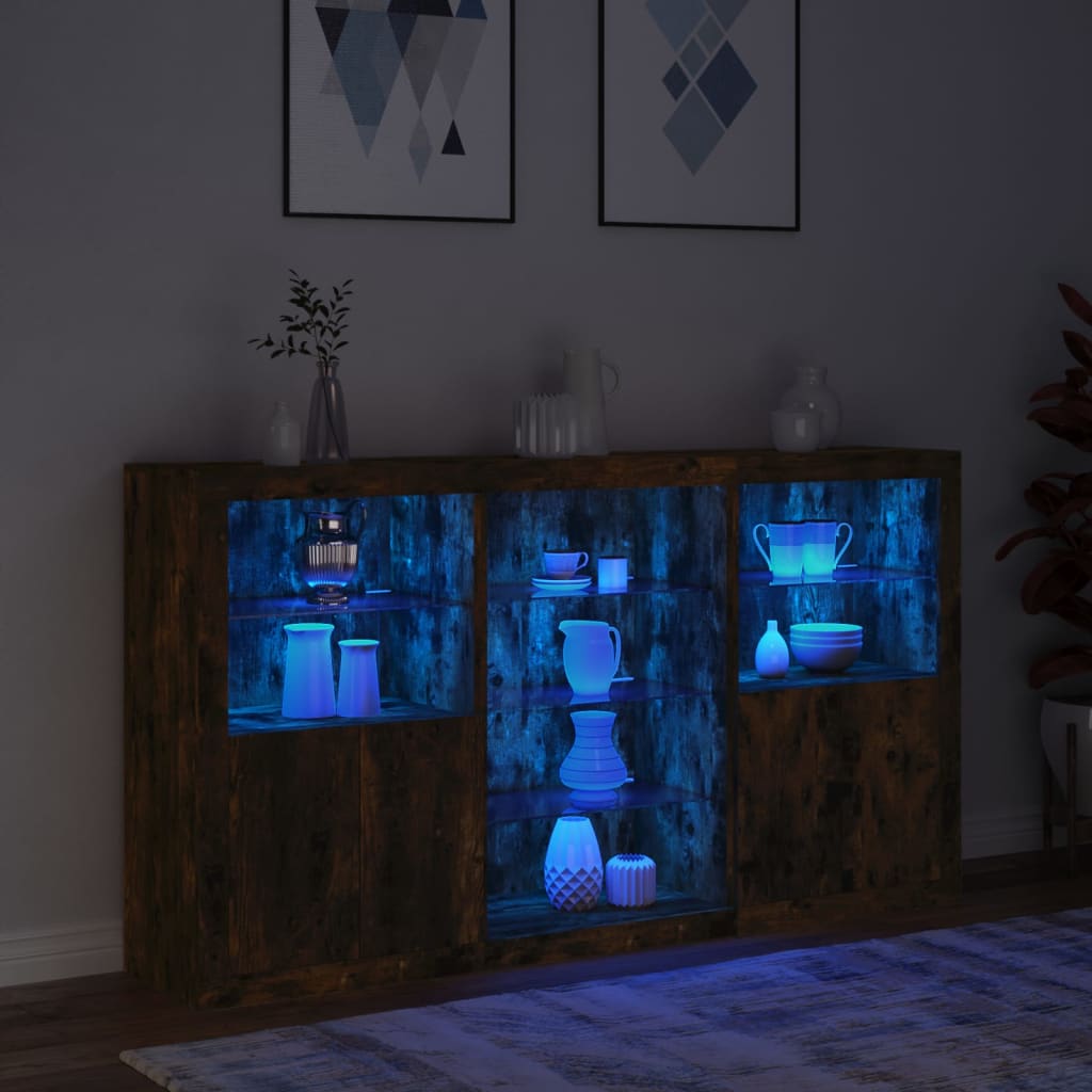 skænk med LED-lys 181,5x37x100 cm røget egetræsfarve