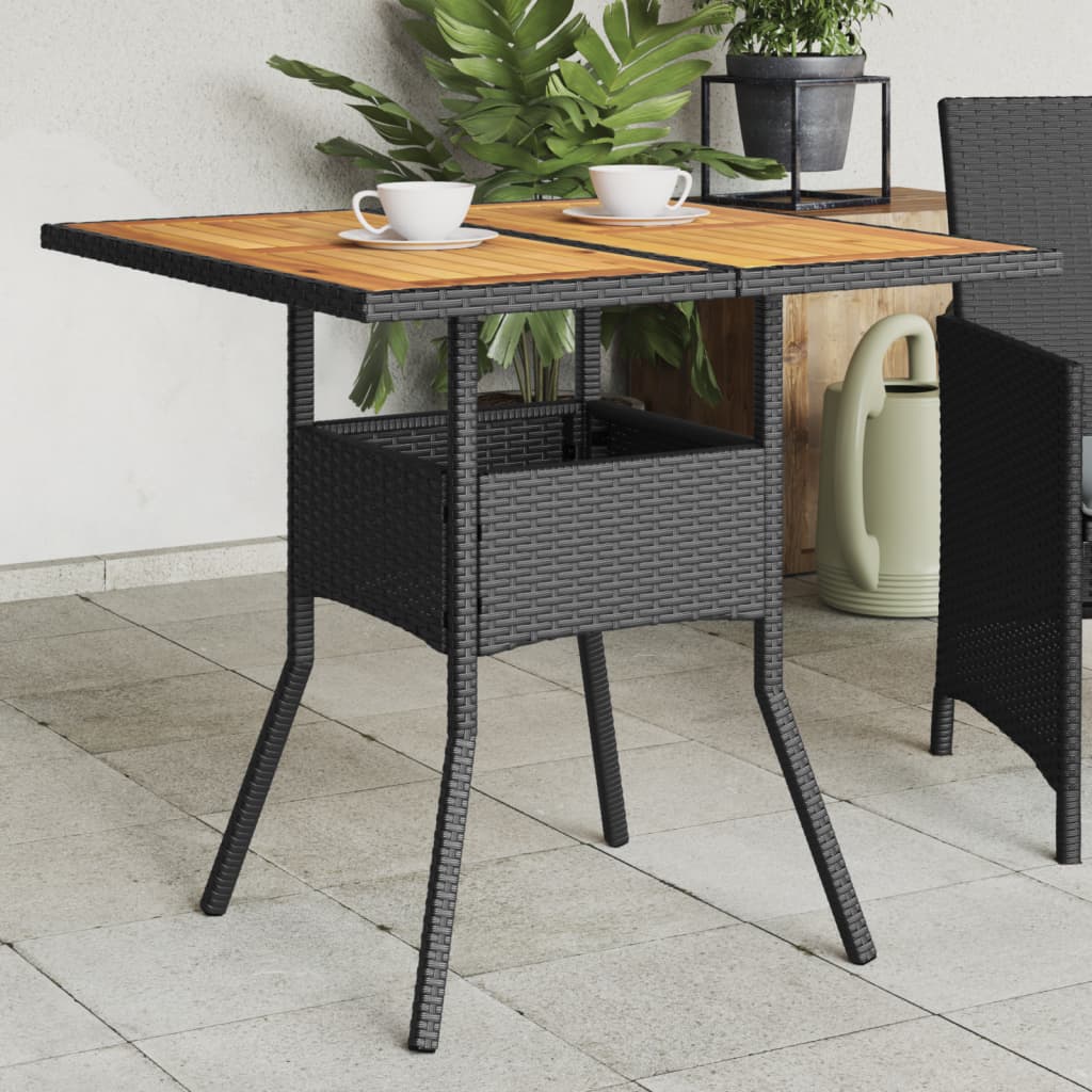 havebord med akacietop 80x80x75 cm polyrattan sort billede