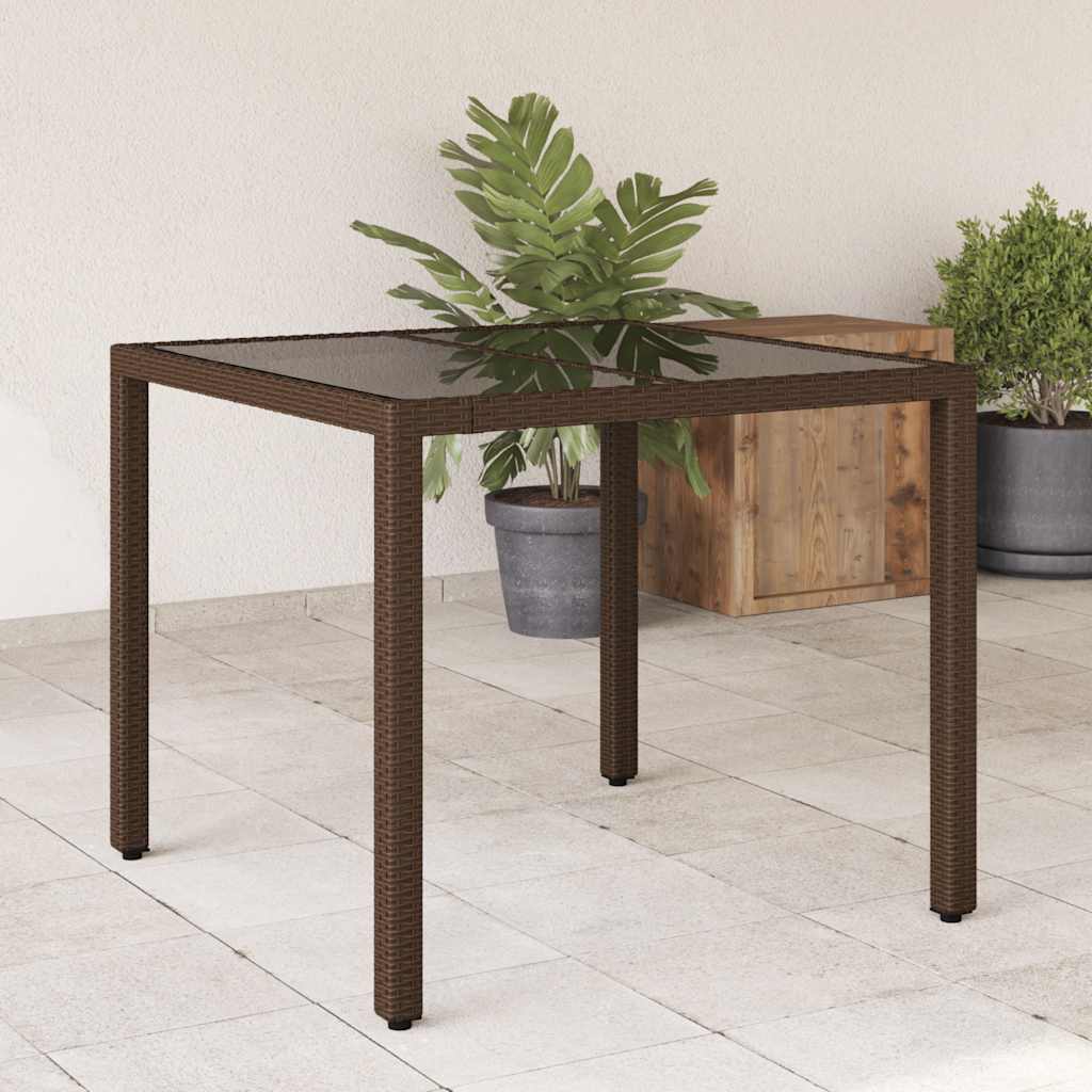 havebord med glastop 90x90x75 cm polyrattan brun billede