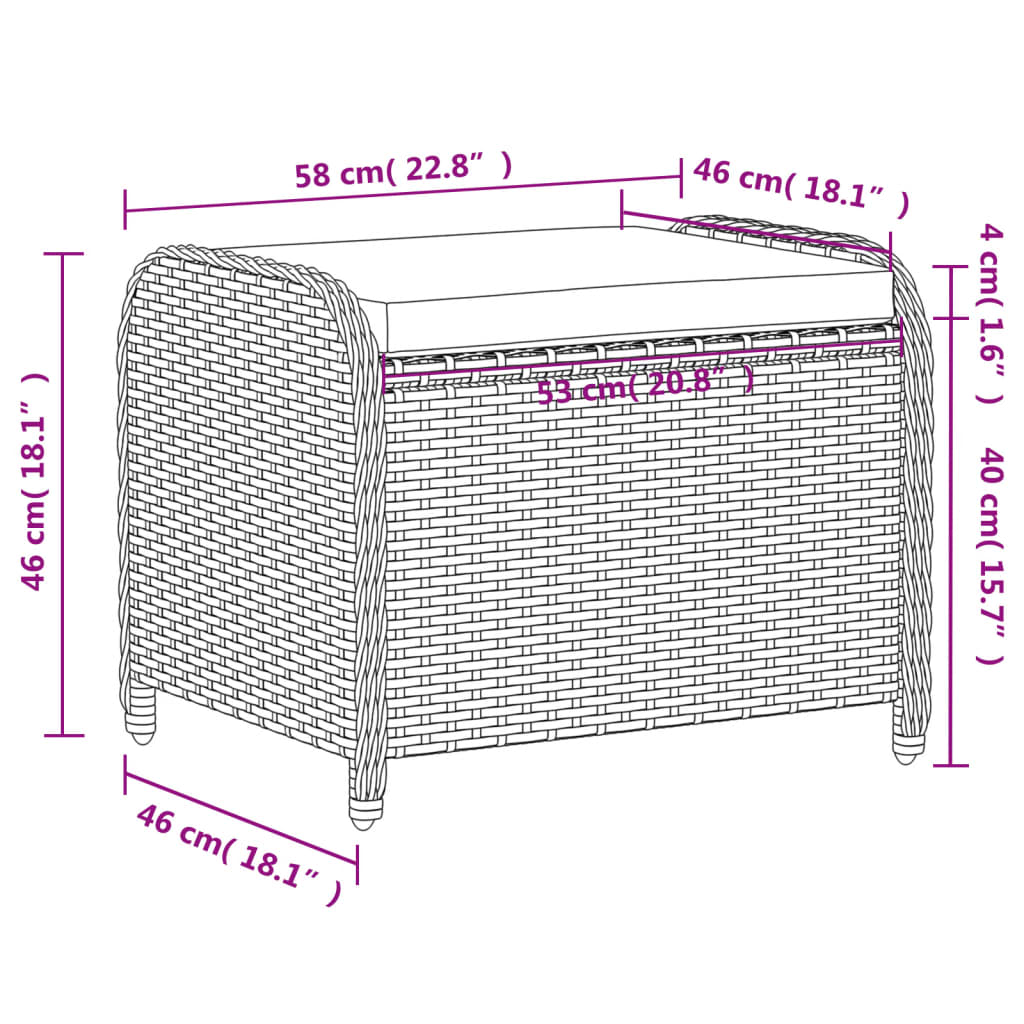 haveskammel med hynde 58x46x46 cm polyrattan brun