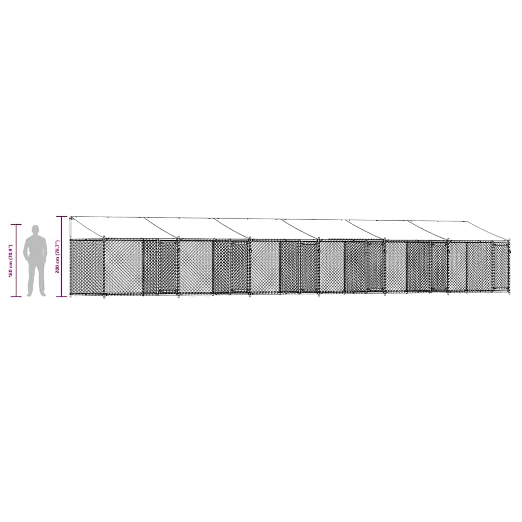 hundegård med tag og låger 12x2x2 m galvaniseret stål grå