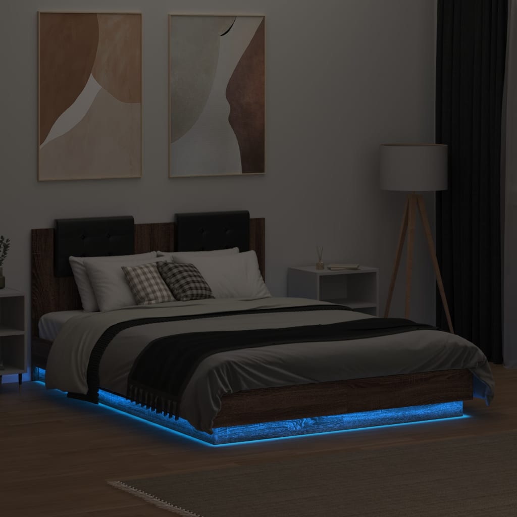 sengeramme m. sengegavl og LED-lys 120x190 cm brun egetræsfarve