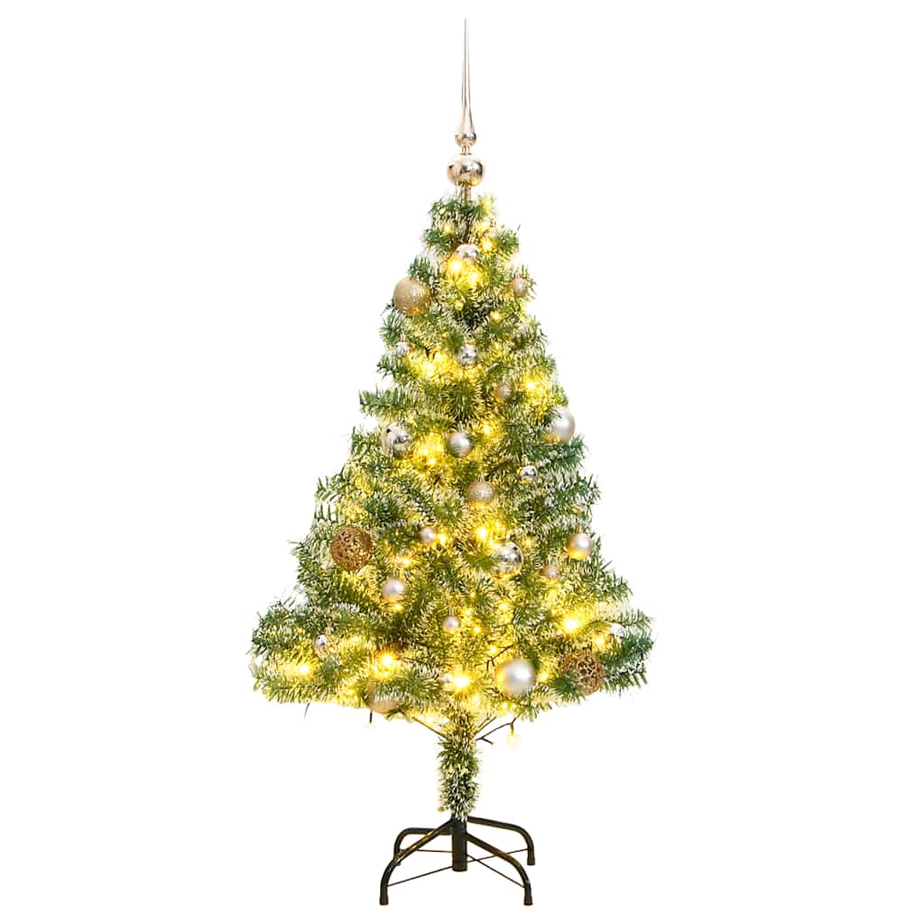 kunstigt juletræ med 150 LED'er + sne og kuglesæt 120 cm