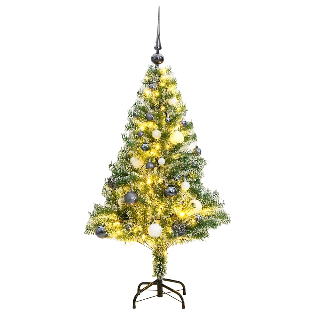 kunstigt juletræ med sne + kuglesæt og 150 LED'er 150 cm