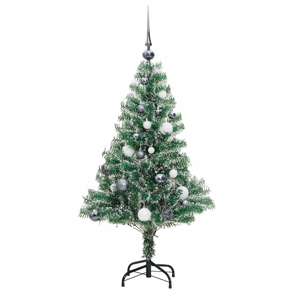 kunstigt juletræ med sne + kuglesæt og 150 LED'er 150 cm