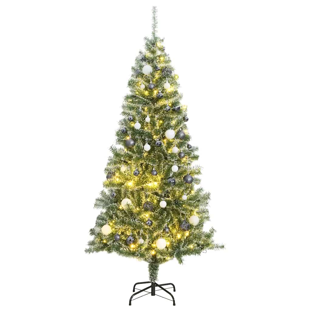 kunstigt juletræ med 300 LED'er + sne og kuglesæt 240 cm