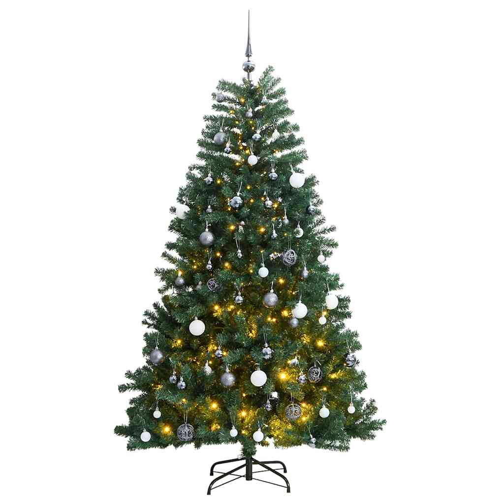 kunstigt juletræ 300 LED'er og kuglesæt hængslet 180 cm