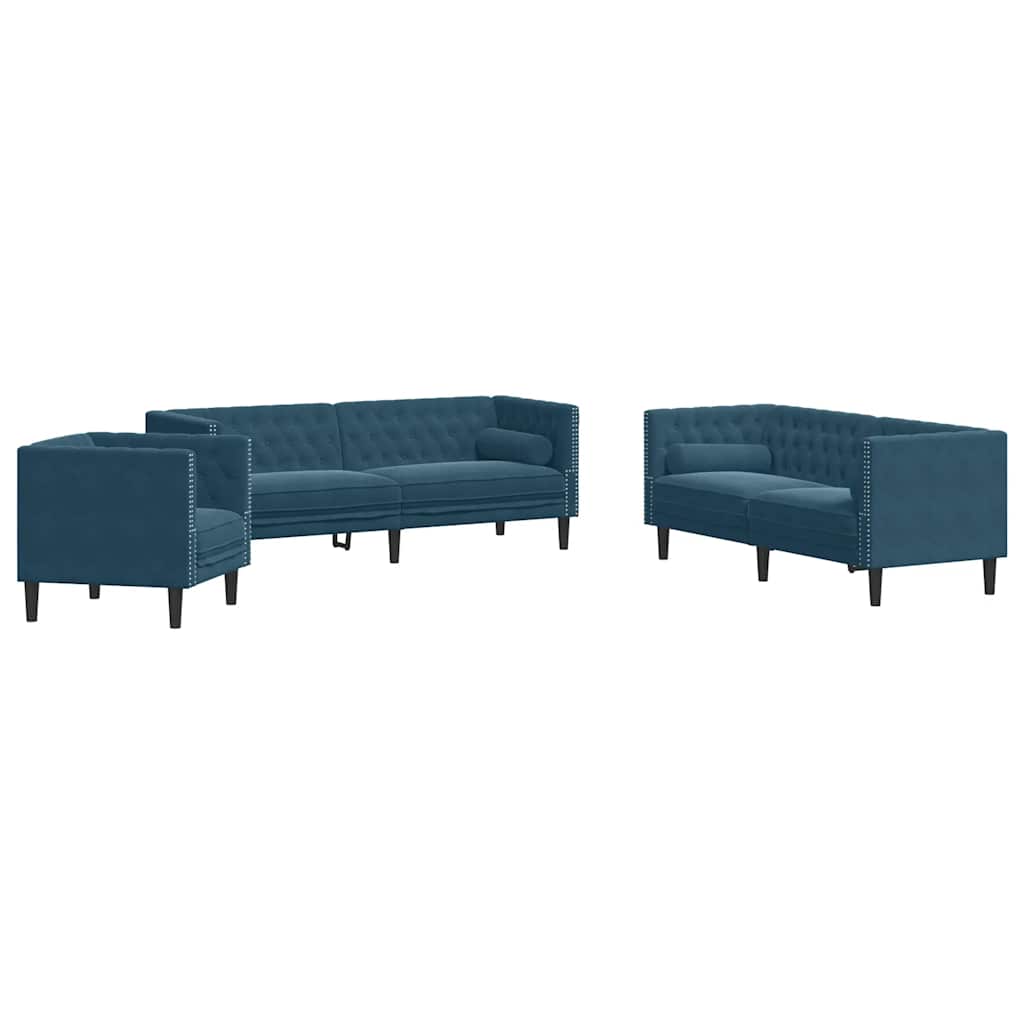 3-personers Chesterfield-sofasæt med puder fløjl blå