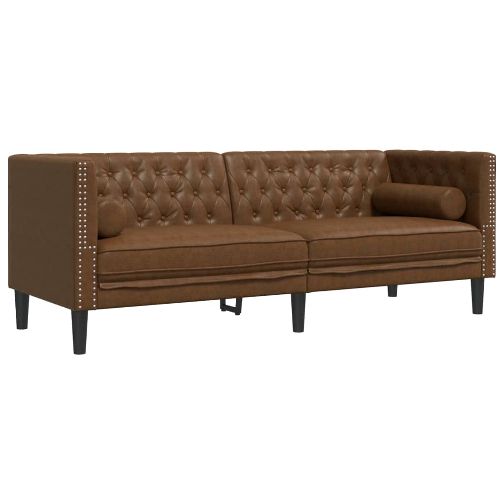 3-personers Chesterfield-sofasæt m. puder imiteret ruskind brun