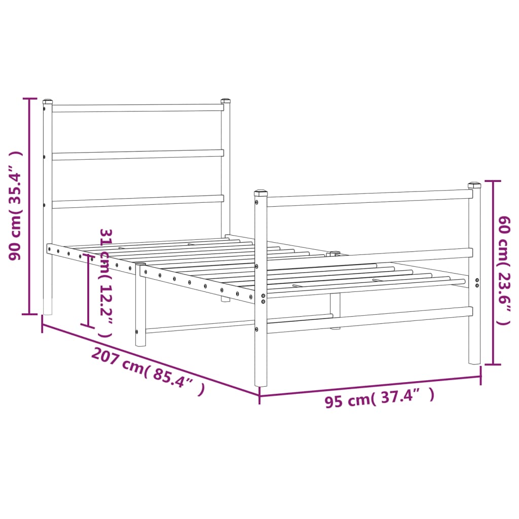 sengeramme med sengegavl og fodgærde 90x200 cm metal sort