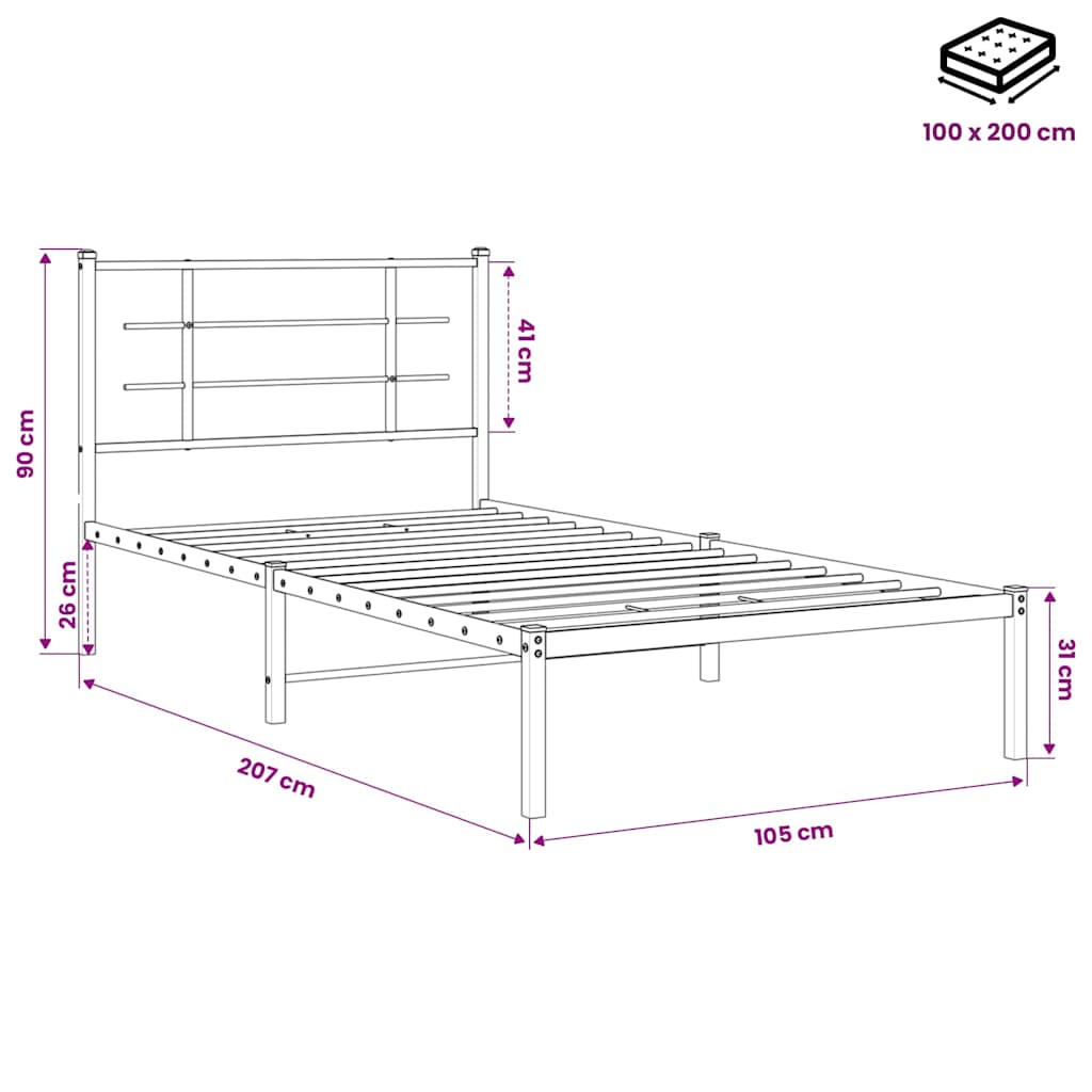 sengeramme med sengegavl 100x200 cm metal sort