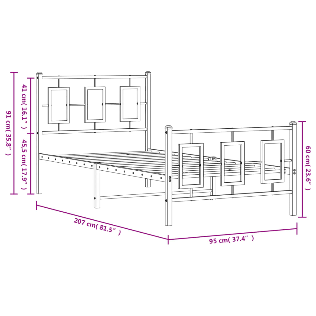 sengeramme med sengegavl og fodgærde 90x200 cm metal hvid