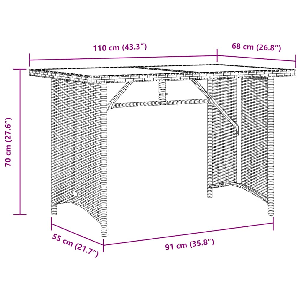havebord med glastop 110x68x70 cm polyrattan beige