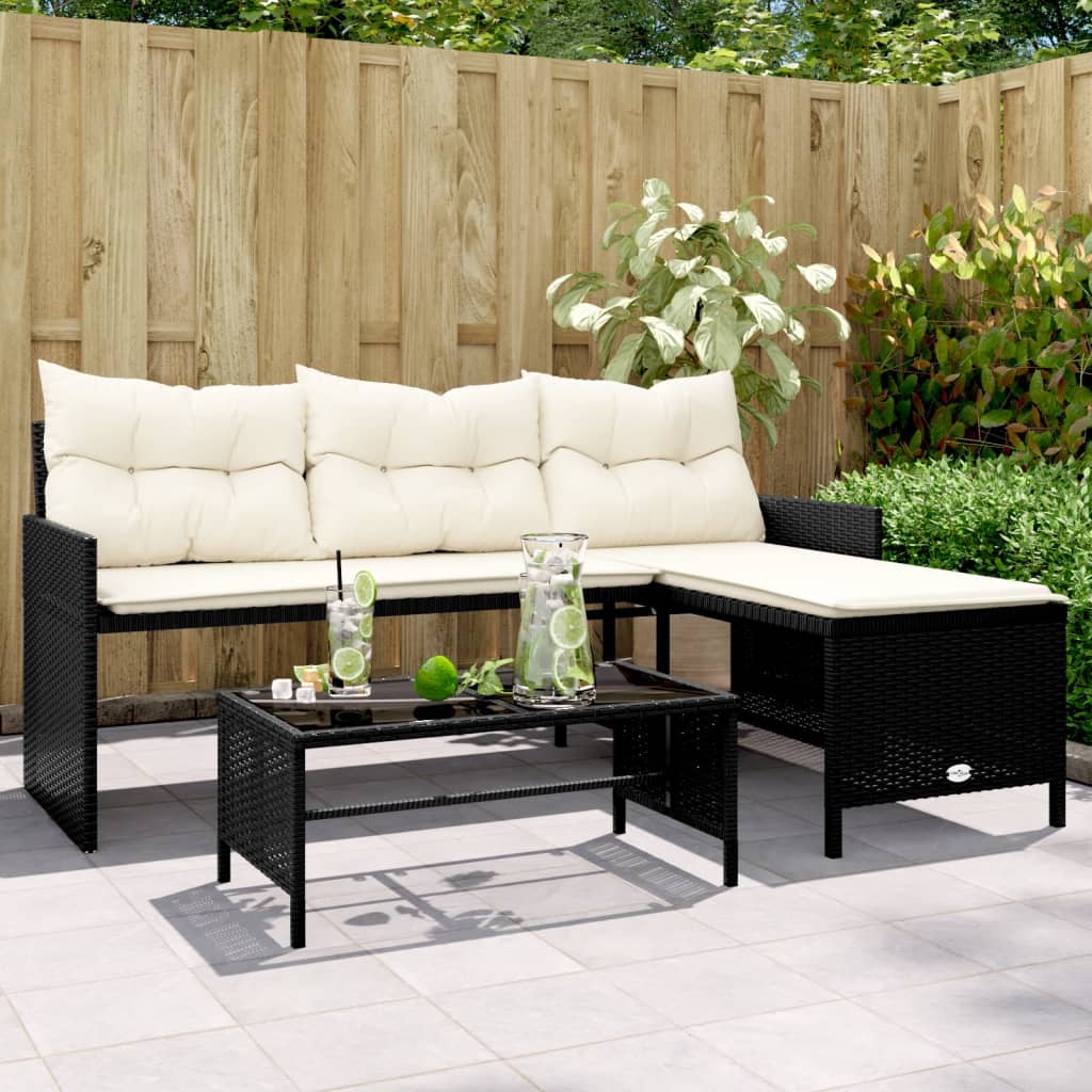 havesofa med bord og hynder L-formet polyrattan sort billede