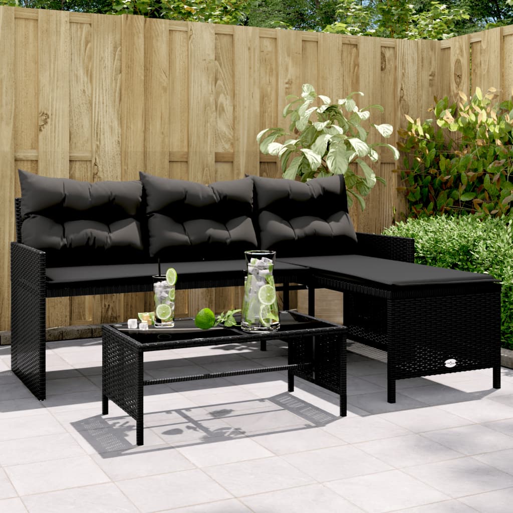 havesofa med bord og hynder L-formet polyrattan sort billede