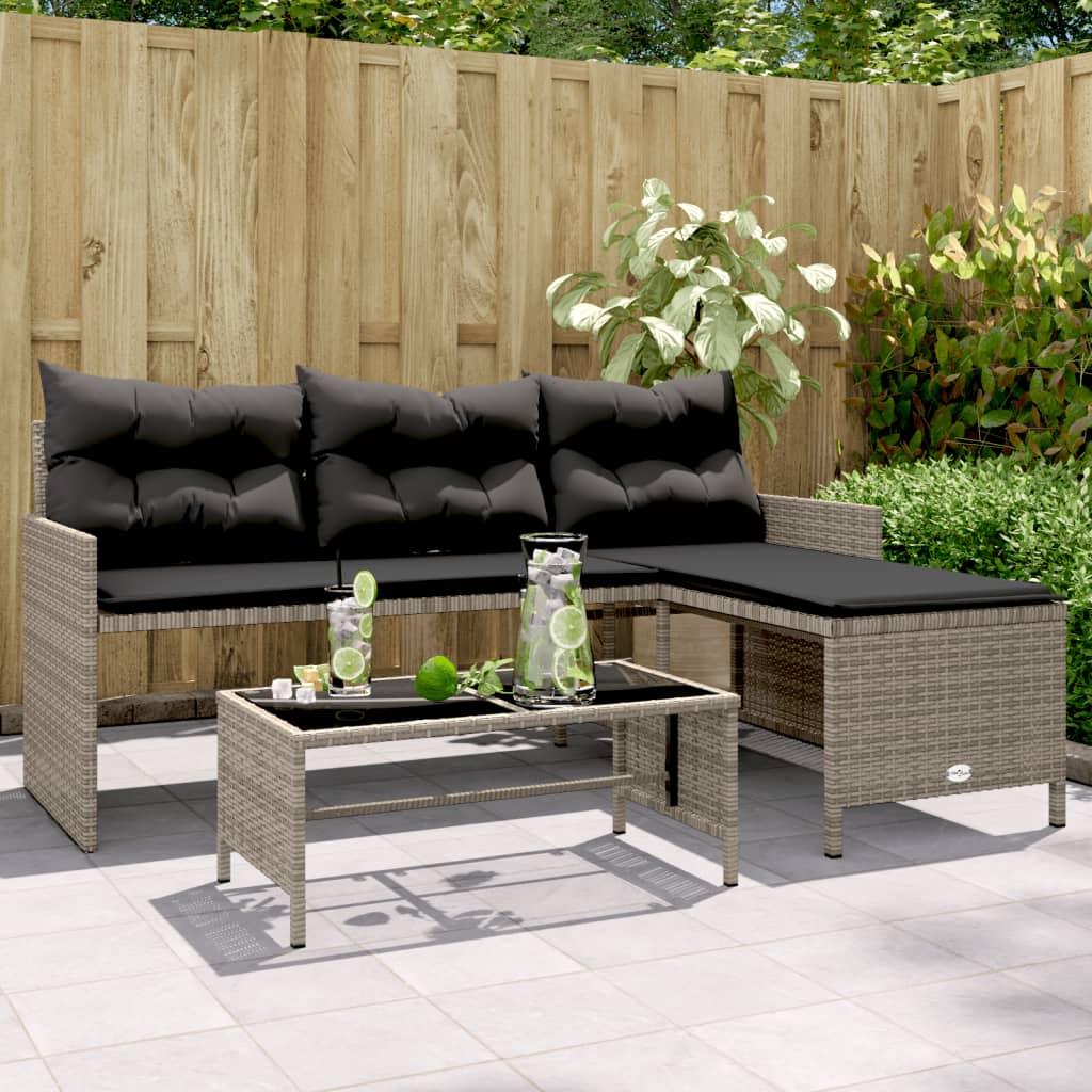 havesofa med bord og hynder L-formet polyrattan grå billede
