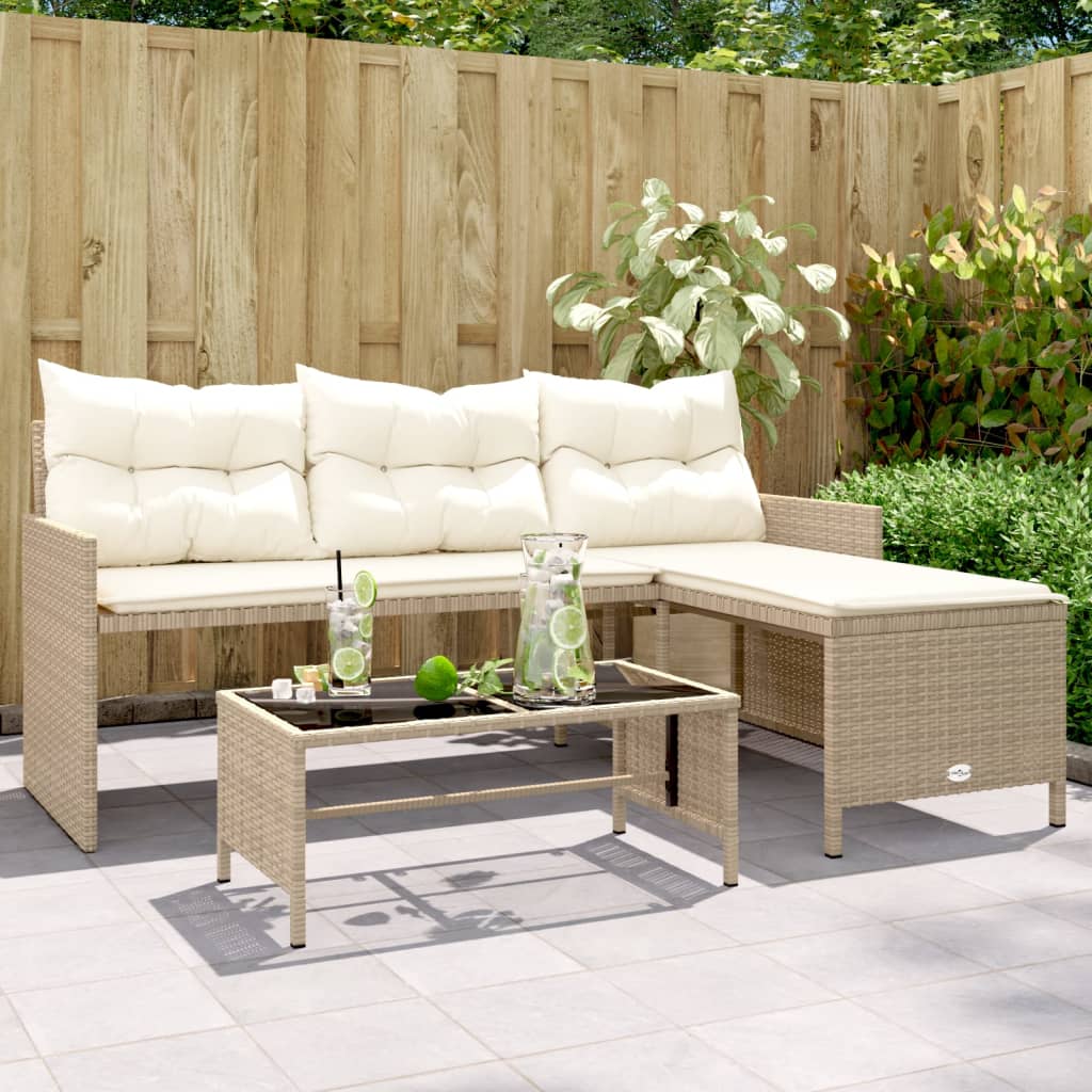 havesofa med bord og hynder L-formet polyrattan beige billede