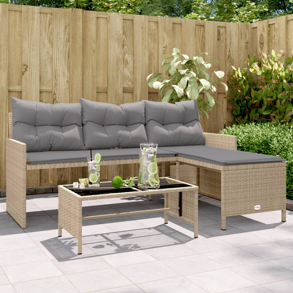 havesofa med bord og hynder L-formet polyrattan beige billede