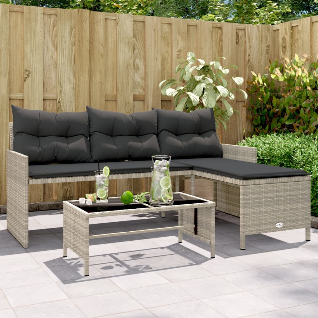 havesofa med bord og hynder L-formet polyrattan lysegrå billede