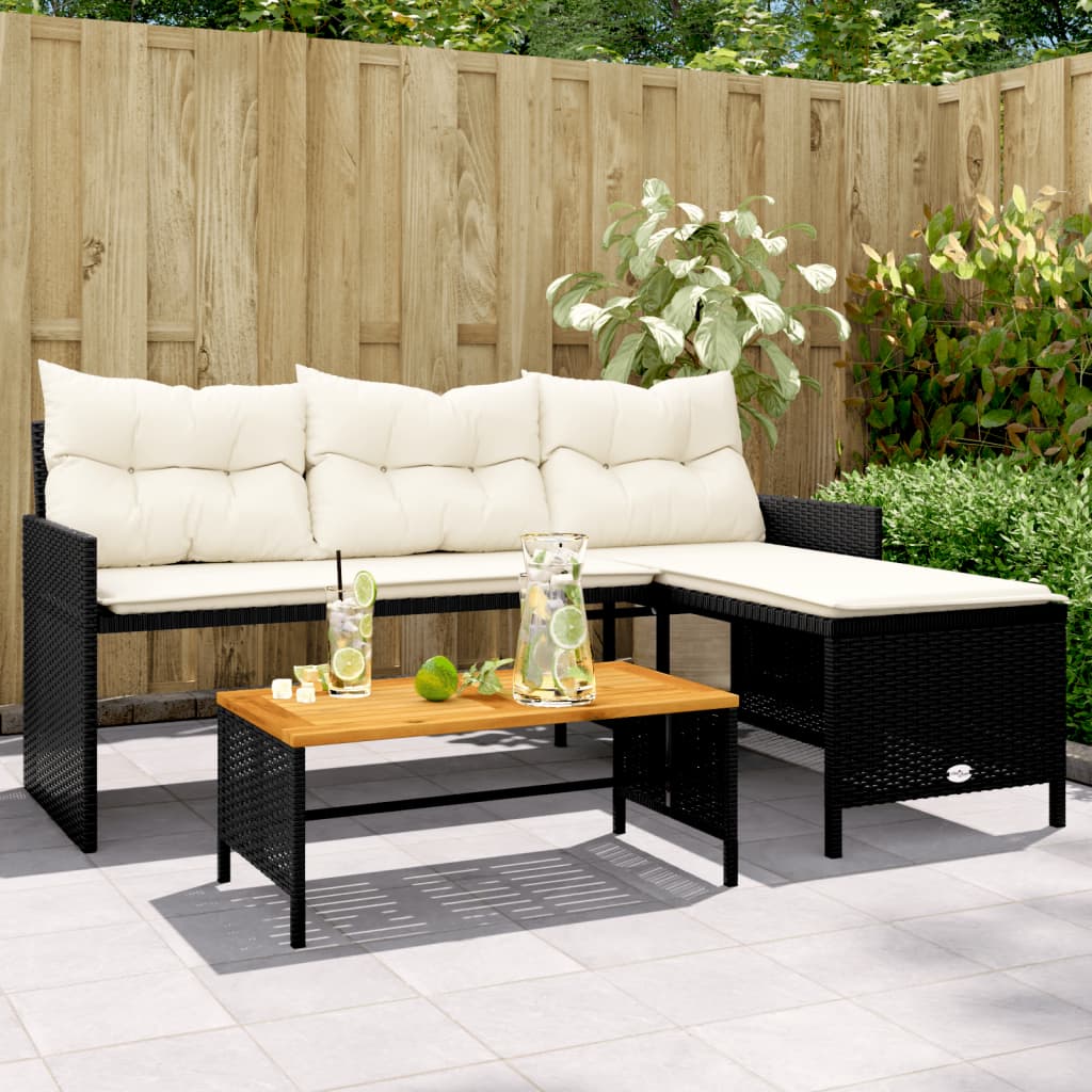 havesofa med bord og hynder L-formet polyrattan sort billede