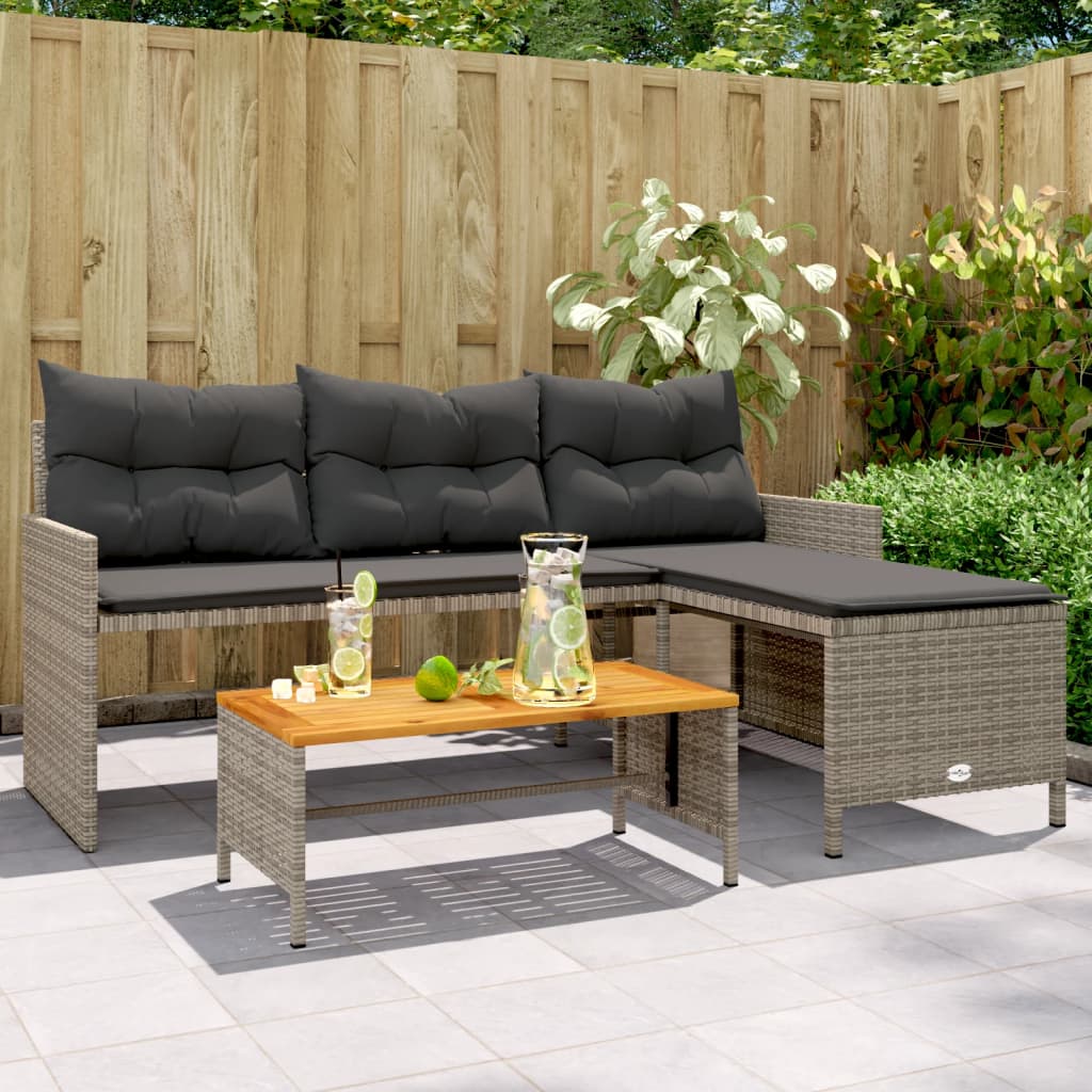 havesofa med bord og hynder L-formet polyrattan grå billede