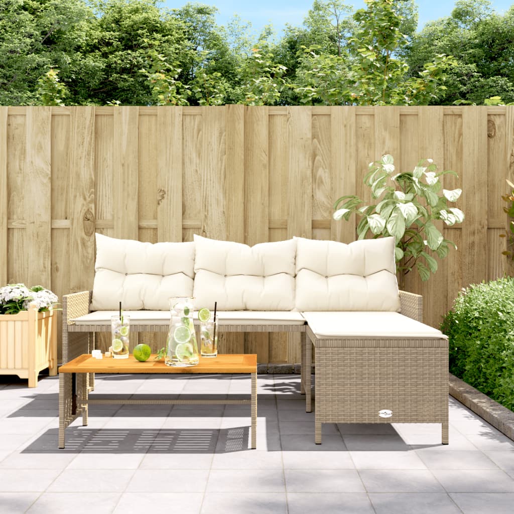 havesofa med bord og hynder L-formet polyrattan beige