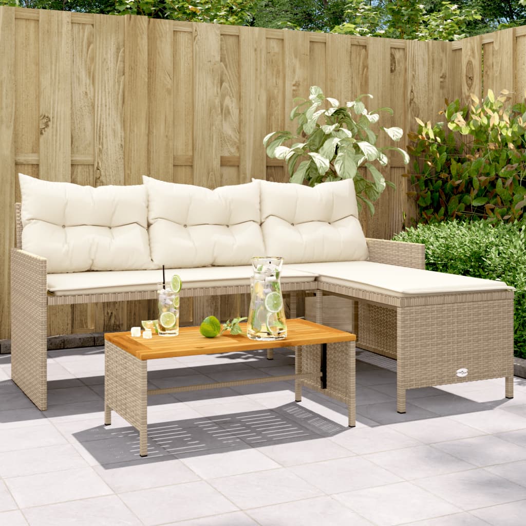 havesofa med bord og hynder L-formet polyrattan beige billede