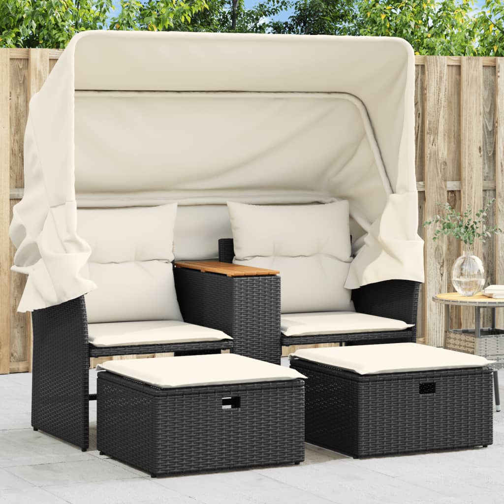 2-personers havesofa med baldakin og skamler i polyrattan - sort