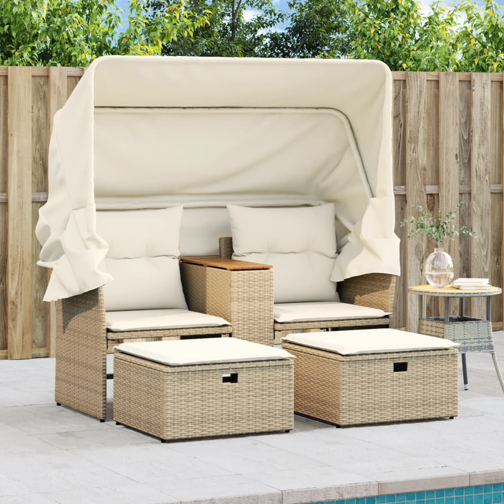 2-personers havesofa med baldakin og skamler polyrattan beige
