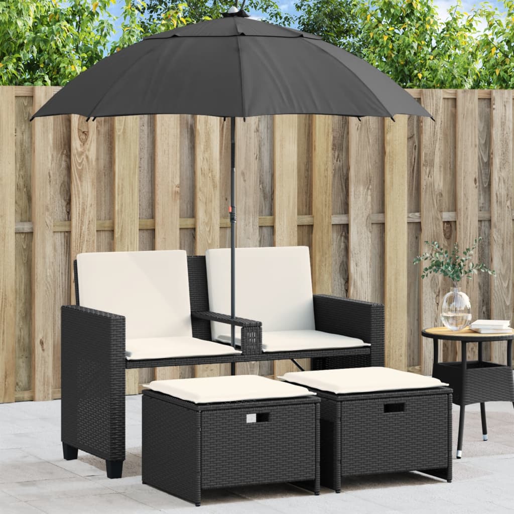 2-Personers Havesofa Med Parasol Og Skamler Polyrattan - Sort og cremefarvet