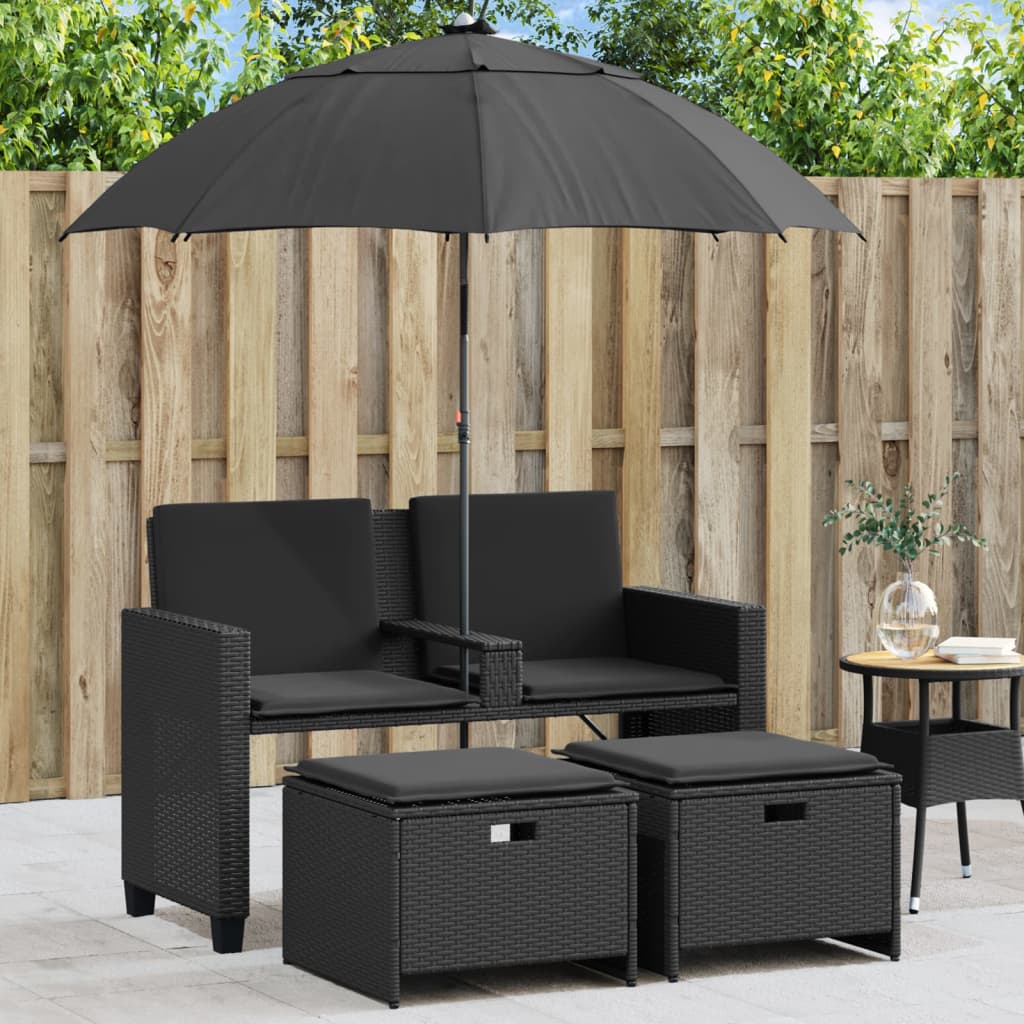 2-personers havesofa i polyrattan med parasol og skamler - sort