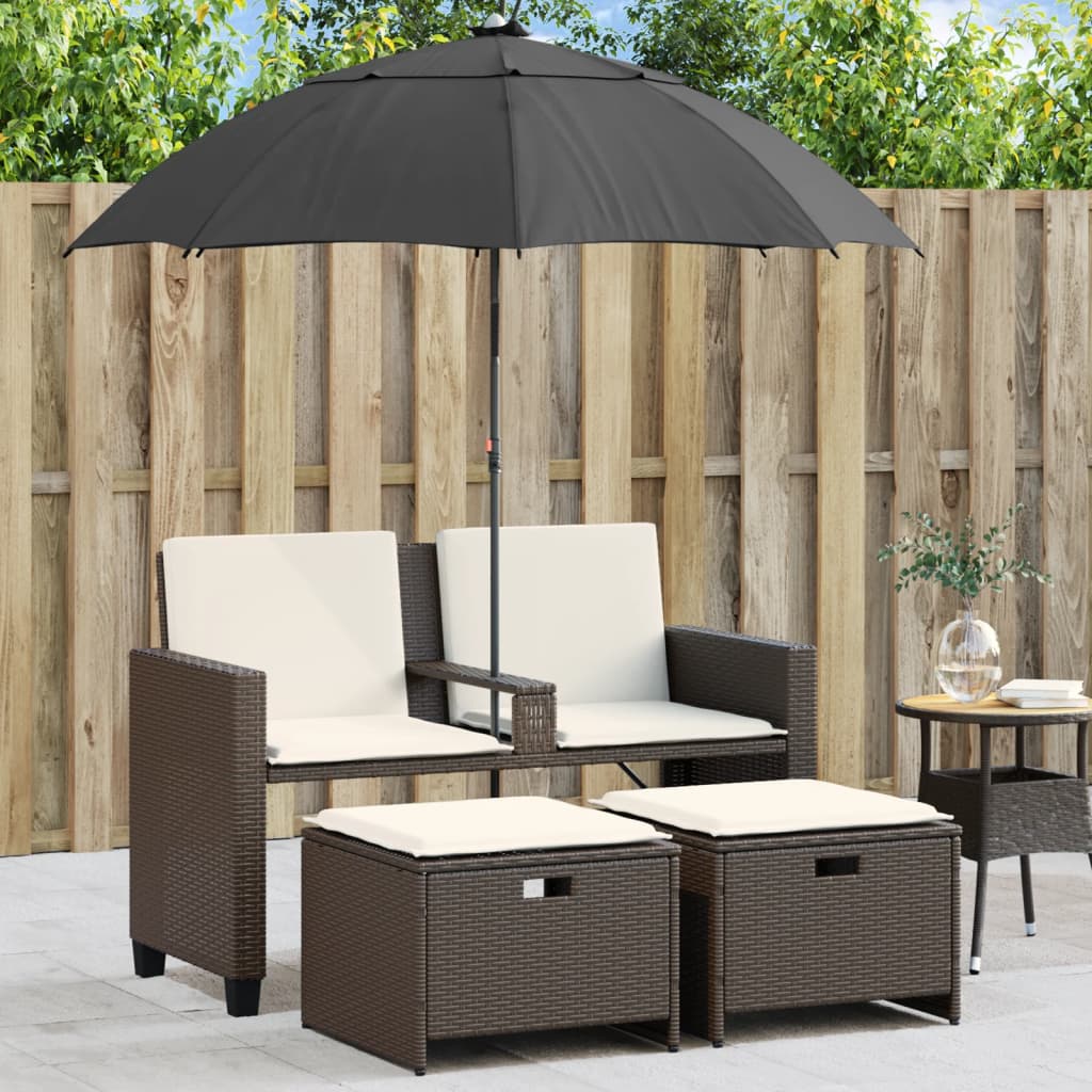 2-personers havesofa med parasol og skamler - polyrattan, brun