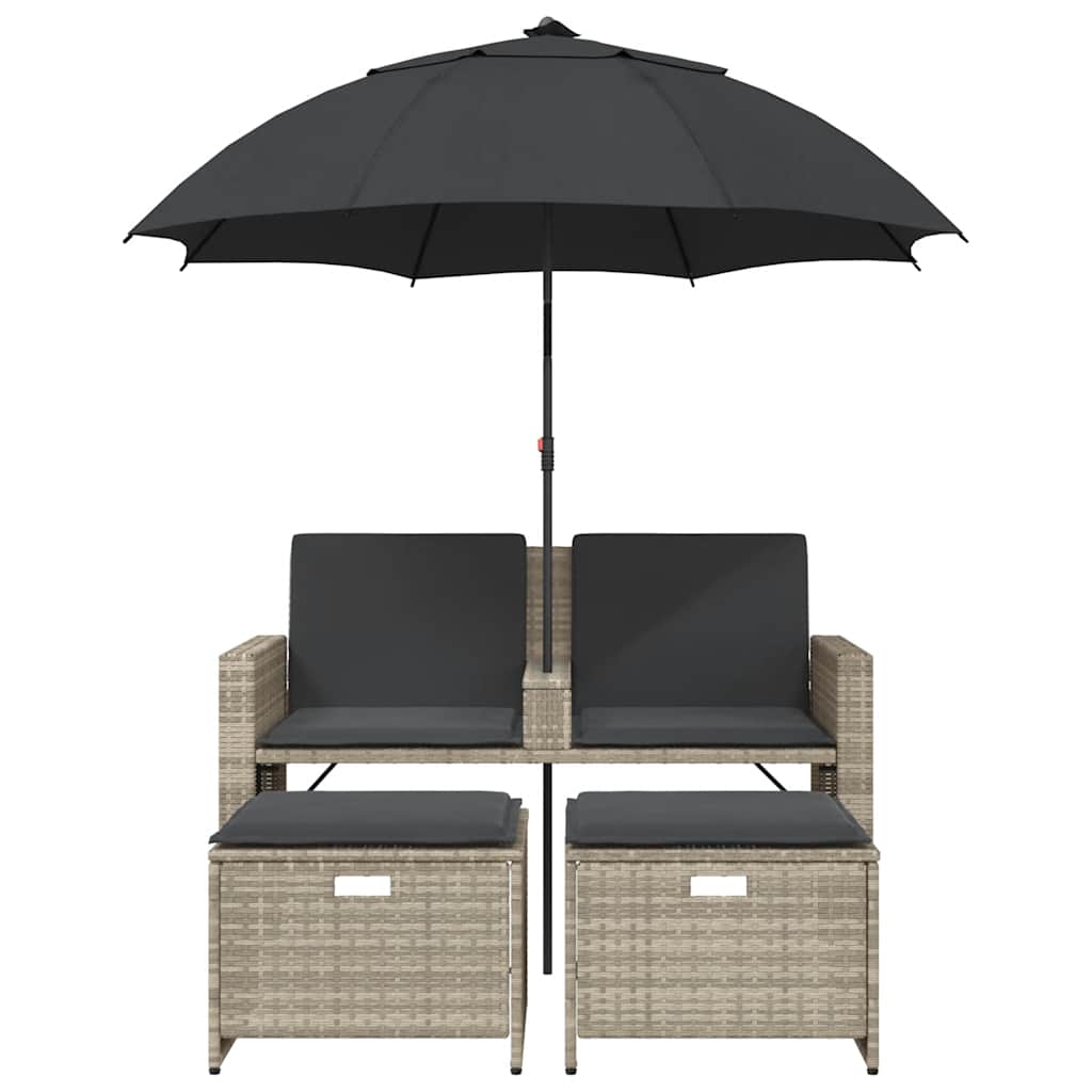 2-personers havesofa med parasol og skamler polyrattan lysegrå