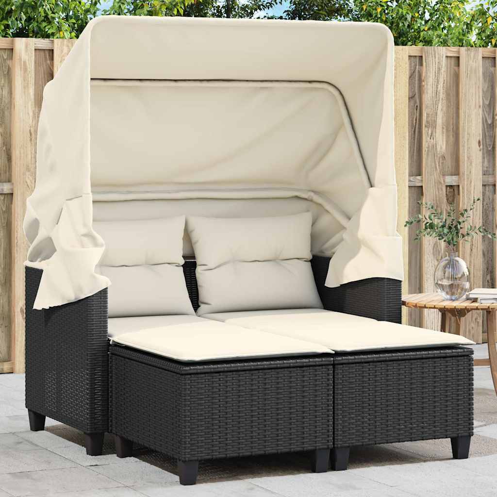 2-personers havesofa med baldakin og skamler polyrattan sort billede