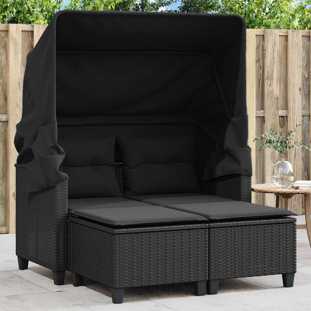 2-personers havesofa med baldakin og skamler polyrattan sort billede