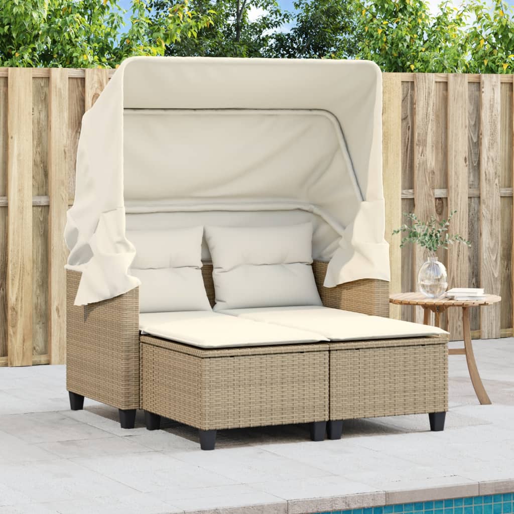2-personers havesofa med baldakin og skamler polyrattan beige