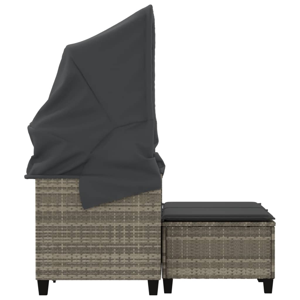 2-personers havesofa med baldakin og skamler polyrattan lysegrå