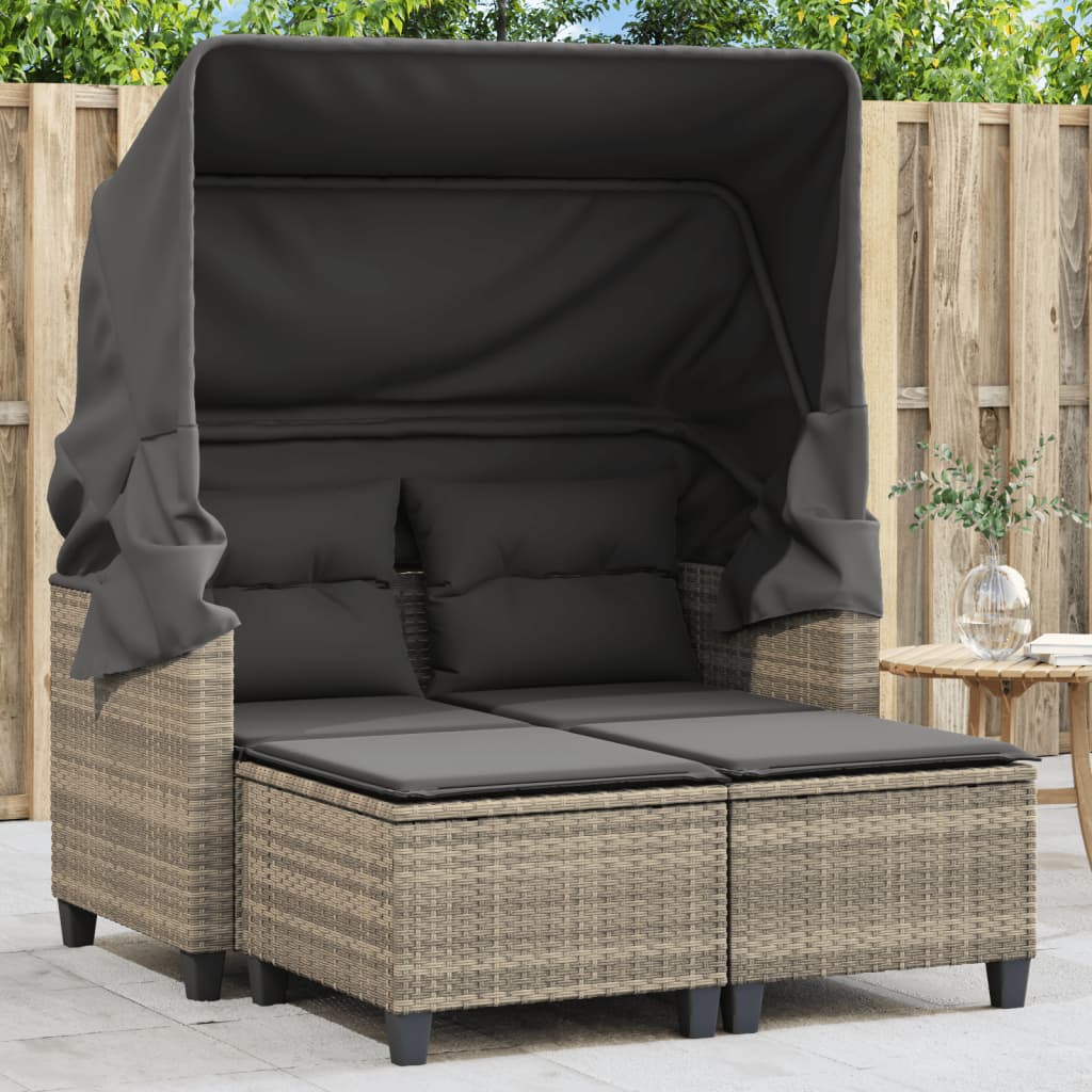 2-Personers Havesofa Med Skamler Polyrattan Beige - Lysegrå / med baldakin